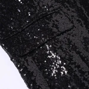 Veste blazer à sequins noirs vue détaillée, idéale pour scène, danse et soirées festives.