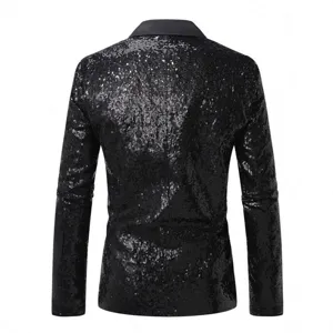 Blazer noir à sequins pour homme vue arrière, veste de costume de scène de fête.