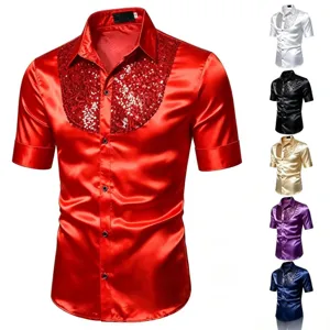 Chemisier d'été pour homme à manches courtes en satin avec empiècements de sequins.