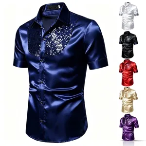 Chemise homme manches courtes en satin avec paillettes sur la poitrine, top été.