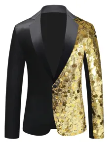 Detailansicht herren schwarz gold pailletten sakko, stilvoller revers ein knopf anzug.
