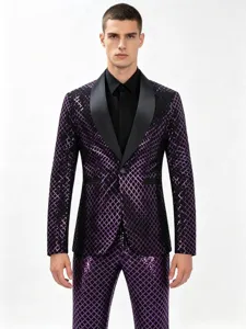 Herren lila Pailletten Anzugjacke Detail, schwarzes Schalkreuz, schmale Passform Partykleidung.
