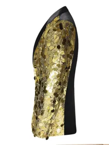 Herren Gold Pailletten Sakko Detailansicht, zeigt glänzende Textur und schwarzes Revers.
