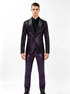 Herren lila Pailletten Anzug Set zweiteilig Slim Fit Party Tuxedo Jacke Hose modisch