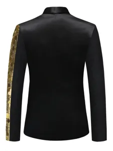 Herren schwarzer Pailletten Blazer einseitig goldener Ärmel Party Bühne Anzug Jacke Rücken.
