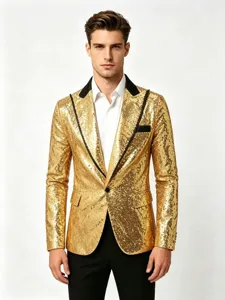 Elegante chaqueta de traje con lentejuelas doradas para hombre ideal para fiesta y show.