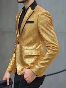 Blazer de lentejuelas doradas para hombre chaqueta brillante de traje fiesta moda