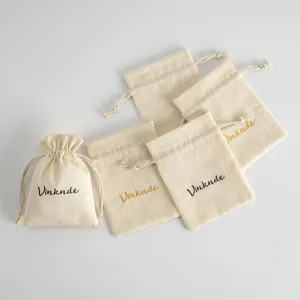 Cotton linen drawstring bags for jewelry storage and gift packaging, custom printed logo design.