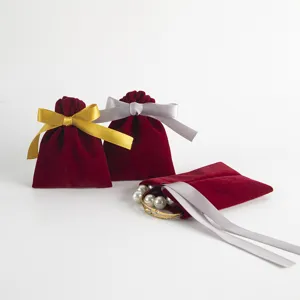 Rote Samt Schmuckbeutel mit Bändern, Geschenkverpackung Beutel für Accessoires und kleine