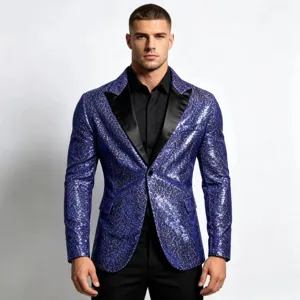 Giacca blazer da uomo in paillettes viola con risvolto nero, elegante per spettacolo.