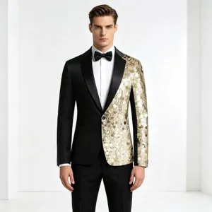 Hombre negro oro lentejuelas blazer esmoquin chaqueta elegante fiesta escenario