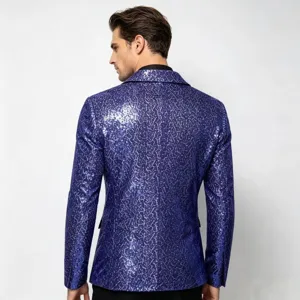 Giacca blazer da uomo con paillettes blu, elegante abito slim fit per feste e spettacoli teatrali.