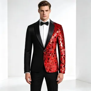 Primer plano del detalle de la chaqueta de lentejuelas rojas y negras para ropa de escenario.