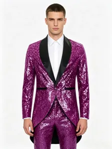 Veste queue de pie à sequins violet pour hommes costume de scène vintage médiéval.