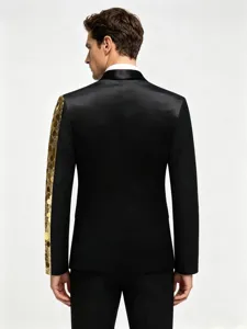 Blazer de traje negro para hombre con manga de lentejuelas doradas para fiesta.