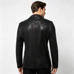 Giacca blazer nera con paillettes da uomo, dettaglio posteriore con vestibilità slim.