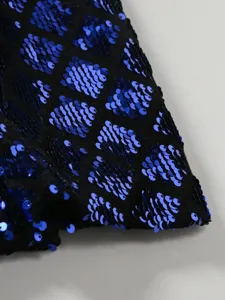 Men sequin suit jacket fabric detail, diamond pattern blue sequins black background.