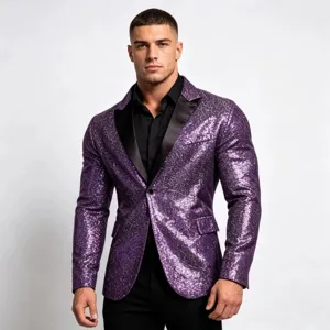 Giacca da Abito con Paillettes da Uomo Lucida Glitter Blazer da Spettacolo Revers Un Bottone Festa in Discoteca
