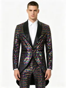 Vue détaillée de la veste queue-de-pie colorée à sequins avec revers en satin noir.