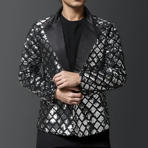 Detail view of mens sequin blazer with peak lapel, ideal for stage party and night events.