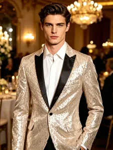 Veste De Costume Paillettes Dorees Homme Scene Soiree Boite Nuit Blazer Elegante