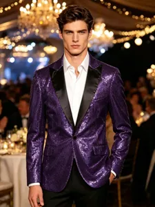 Veste de costume à sequins violets pour homme avec revers noirs pour spectacles de scène.