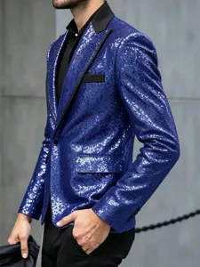 Chaqueta de traje elegante con lentejuelas azul real para hombre fiesta boda estilo
