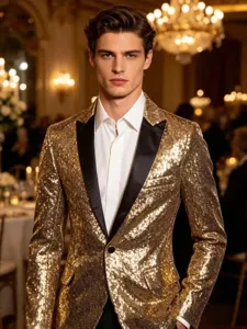 Vue détaillée du blazer à sequins dorés pour homme, idéal pour la scène et les fêtes.