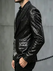 Chaqueta de traje para hombre lentejuelas negras brillante smoking fiesta escenario