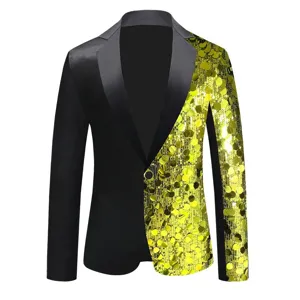 Herren Pailletten Sakko Gold Schwarz Ein Knopf Jacke fur Buhne Party Karneval Kostum