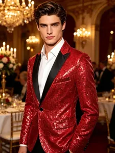 Détail de veste de costume homme à sequins rouges, blazer étincelant pour scène et fête.