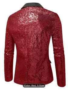 Detalle de vista trasera de chaqueta blazer casual de lentejuelas rojas para hombre.