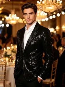 Gros plan montrant la texture de sequins noirs brillants et le revers en satin du blazer de fête.