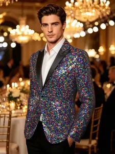 Vue detaillee de la veste blazer pour hommes a sequins colores dans un decor de banquet luxueux.