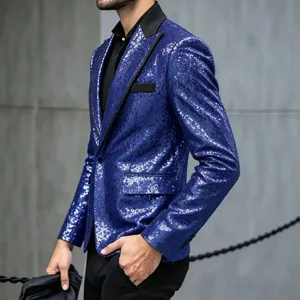 Chaqueta Blazer de Lentejuelas Hombre Azul Real Traje Escenario Fiesta Moda Nuevo