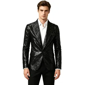 Chaqueta de traje con lentejuelas negras para hombre para espectaculo de escenario moda