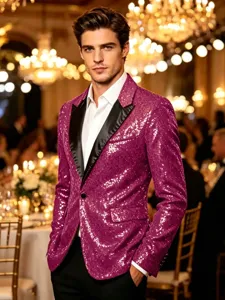 Vue détaillée du blazer à sequins magenta avec revers noir pour une tenue de soirée élégante.