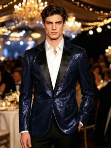Veste de costume à sequins étincelants pour homme avec revers en satin pour fête et scène.