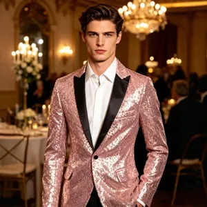 Shiny pink sequin men suit jacket black lapel tuxedo party stage performance blazer