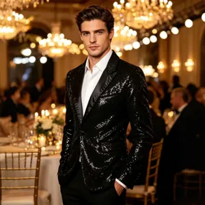 Men sequin blazer for stage performance, sparkly party tuxedo jacket for club hosting.