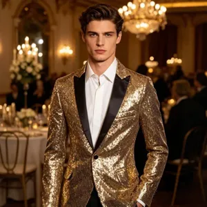 Shiny gold sequin men suit jacket with black lapel, perfect for stage performance and night club.