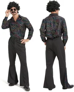 Costume disco retro anni 70 da uomo, camicia con pois colorati e pantaloni a zampa.