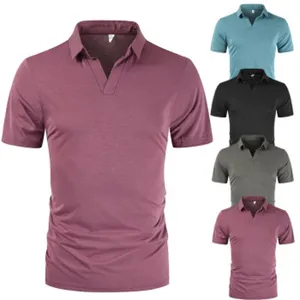 Detailed view of men short sleeve polo shirt with V-neck collar design and multiple colors.