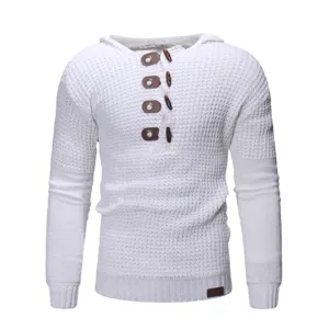Weisser Herren Strickpullover mit Kapuze, Knebelknöpfen und langen Ärmeln für den Alltag.