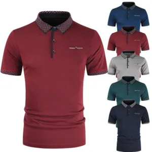 Men's short sleeve polo shirt with checkered collar and cuffs casual slim fit top
