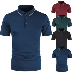 Detailed view of men's short sleeve polo shirt featuring classic lapel collar and buttons.