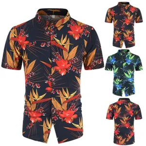 Men short sleeve tropical floral print button down shirt detail view, summer fashion.