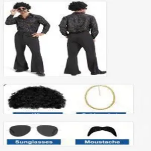 Vista dettagliata dei componenti del costume disco anni 70 con parrucca e occhiali.