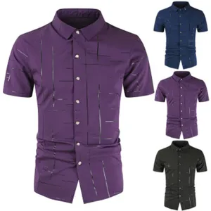 Men's short-sleeve button-down shirt featuring stylish abstract line patterns in various colors.
