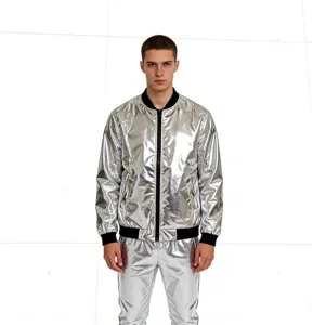 Heren metalliek zilveren bomberjack opstaande kraag mode casual bovenkleding glanzende jas.